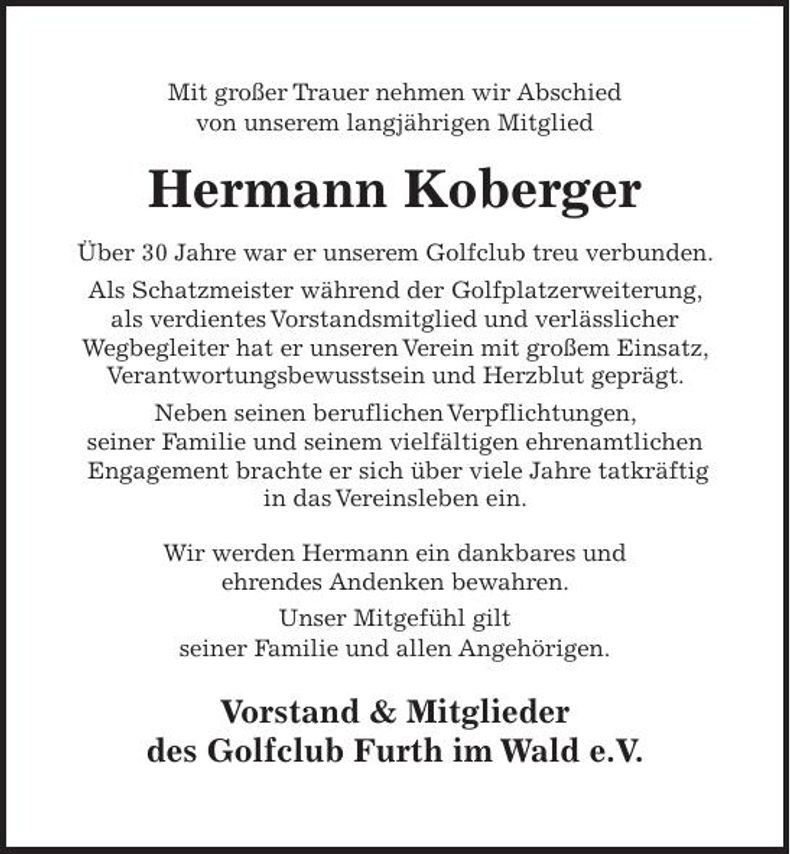 Traueranzeige Hermann Koberger