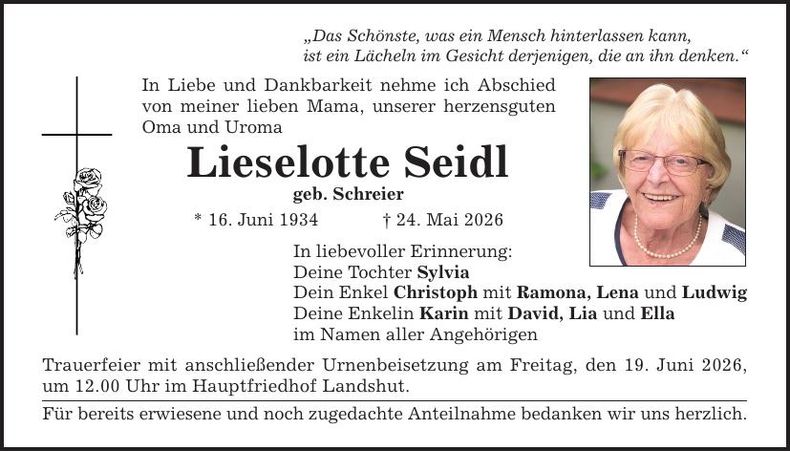 Traueranzeige Lieselotte Seidl