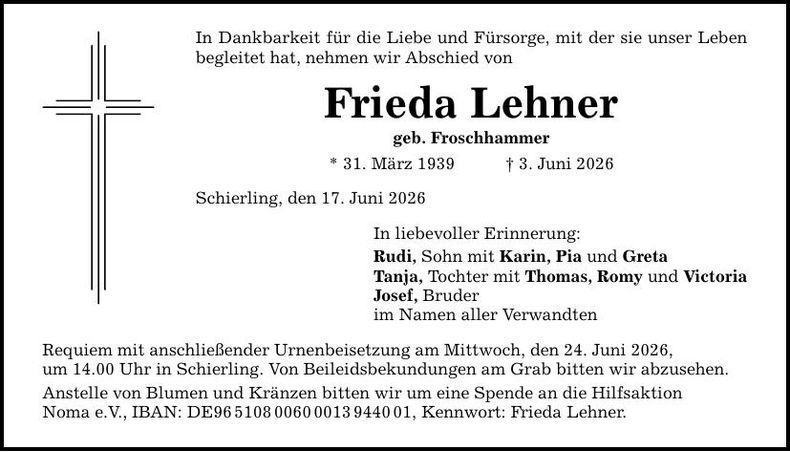 Traueranzeige Frieda Lehner