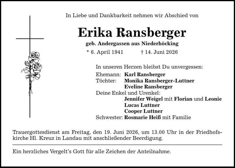 Traueranzeige Erika Ransberger