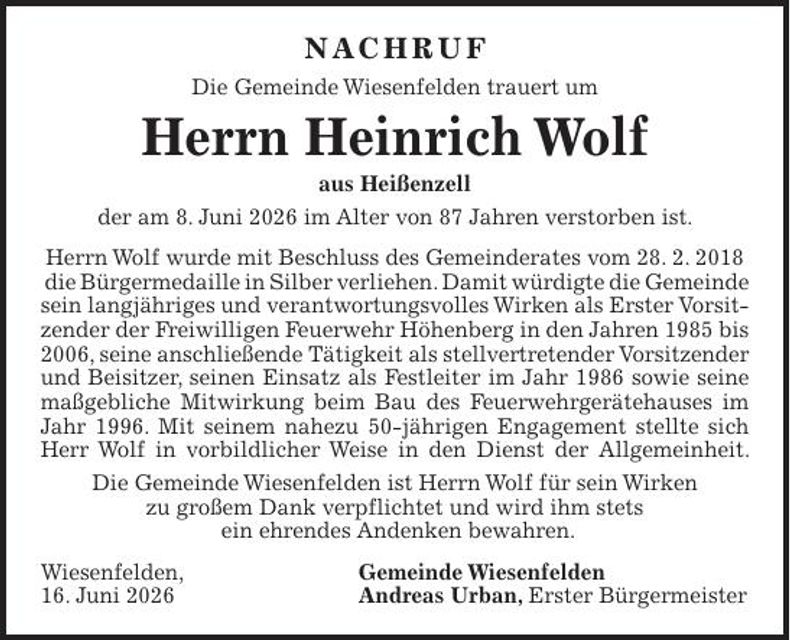 Traueranzeige Heinrich Wolf