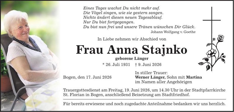 Traueranzeige Anna Stajnko