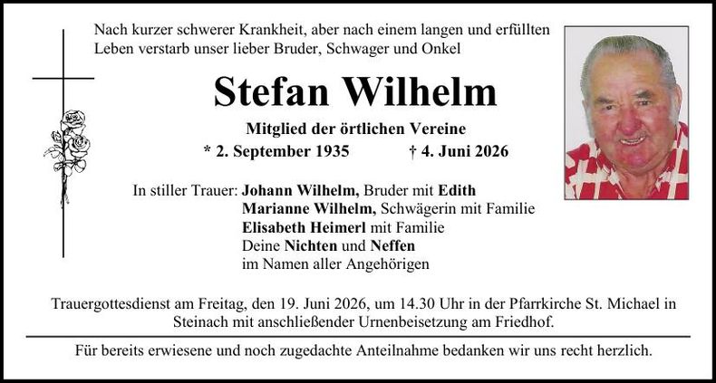 Traueranzeige Wilhelm Stefan