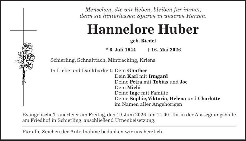Traueranzeige Hannelore Huber