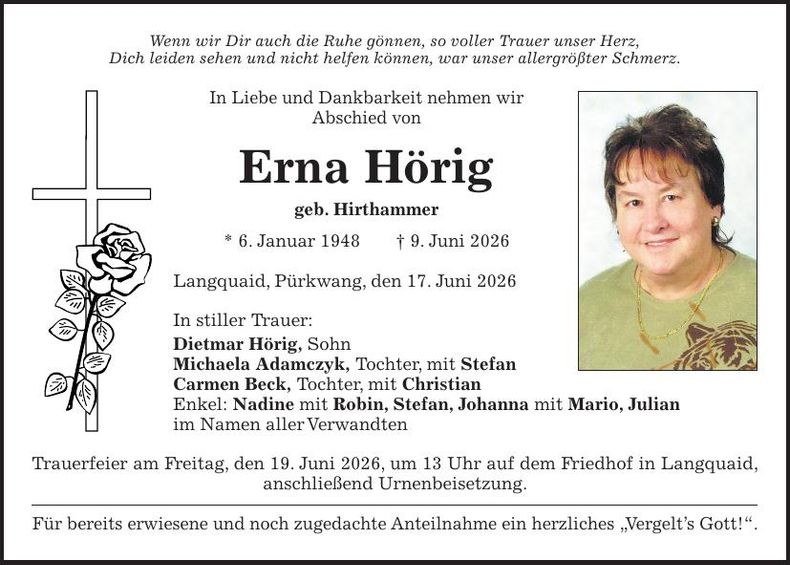 Traueranzeige Erna Hörig