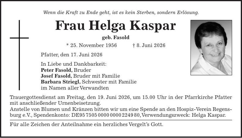 Traueranzeige Helga Kaspar