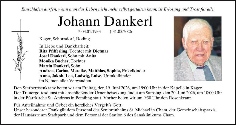 Traueranzeige Johann Dankerl