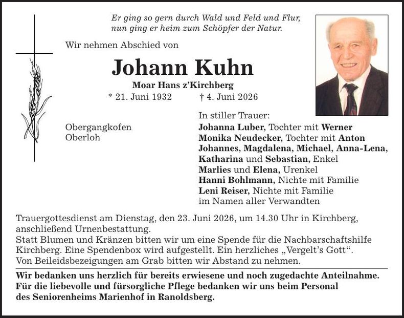 Traueranzeige Johann Kuhn