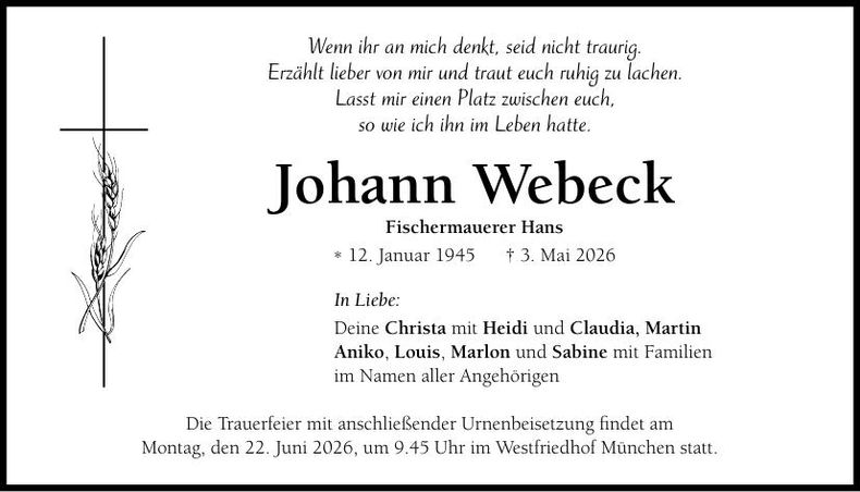 Traueranzeige Johann Webeck