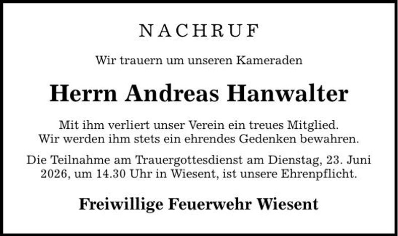 Traueranzeige Andreas Hanwalter