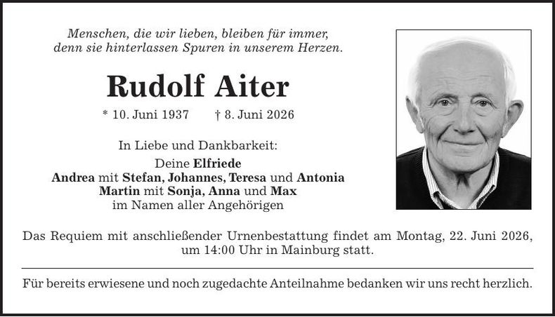 Traueranzeige Rudolf Aiter