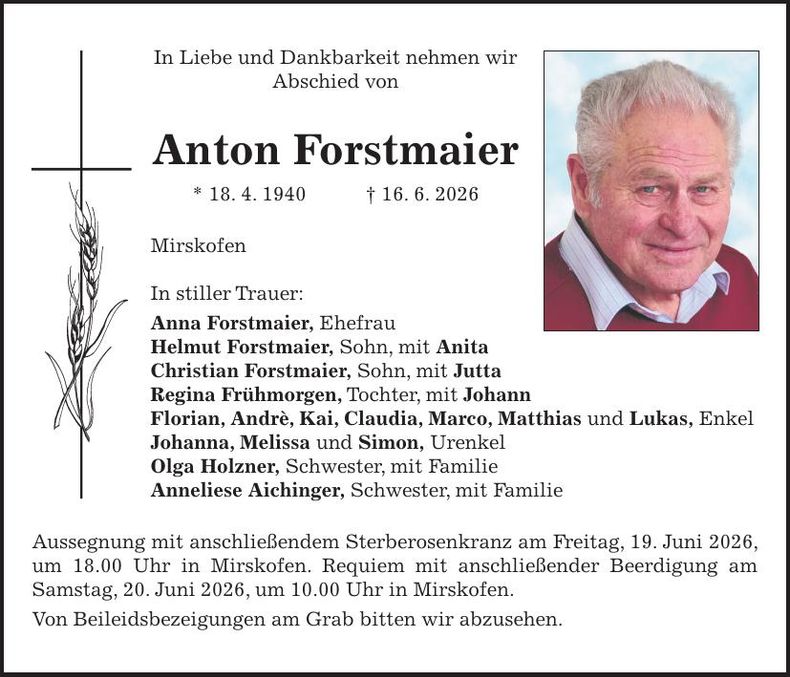 Traueranzeige Anton Fortmaier