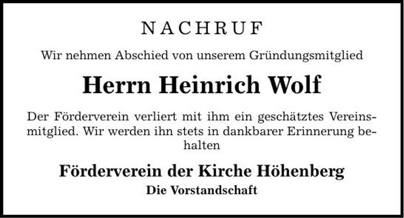 Traueranzeige Heinrich Wolf