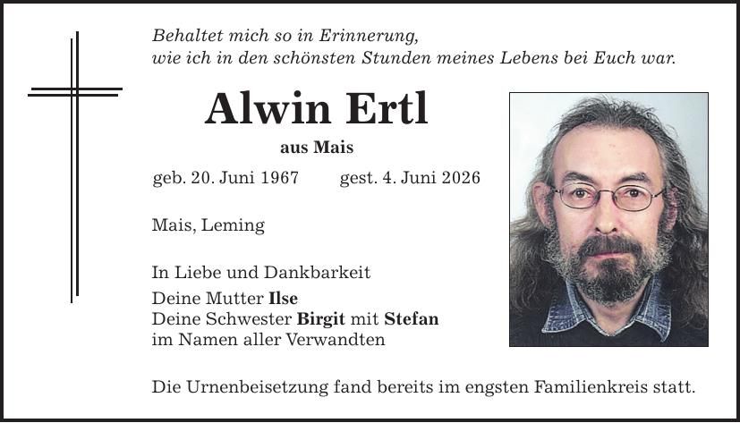 Traueranzeige Alwin Ertl