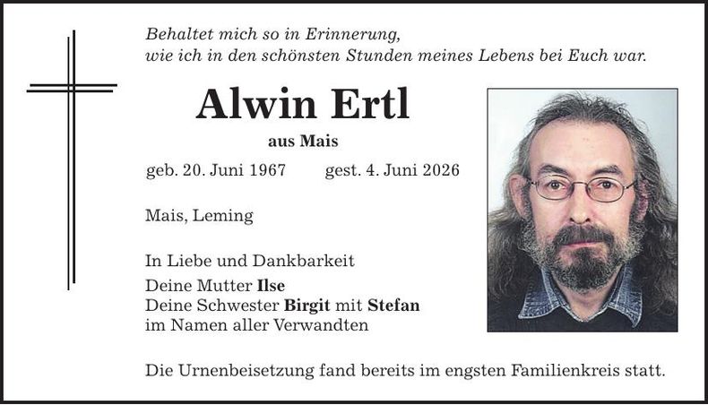 Traueranzeige Alwin Ertl