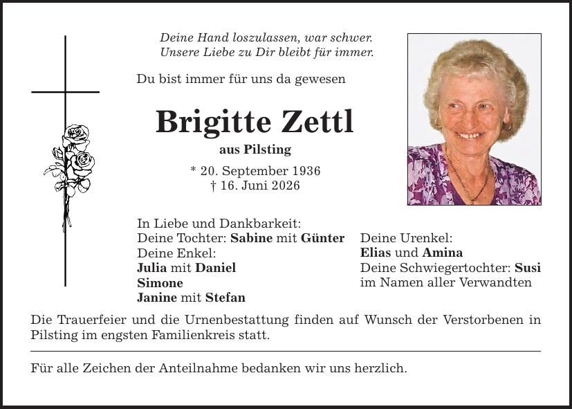 Traueranzeige Brigitte Zettl