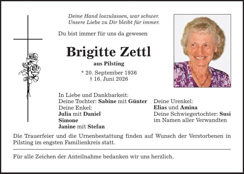 Traueranzeige Brigitte Zettl