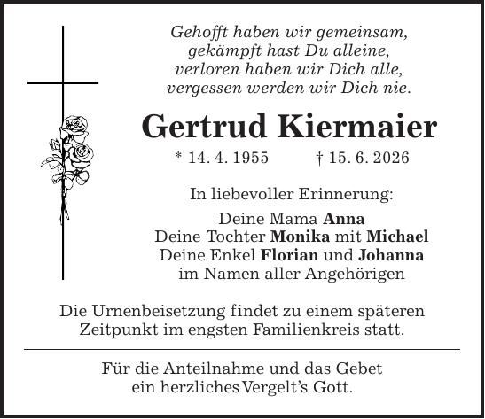 Traueranzeige Gertrud Kiermaier