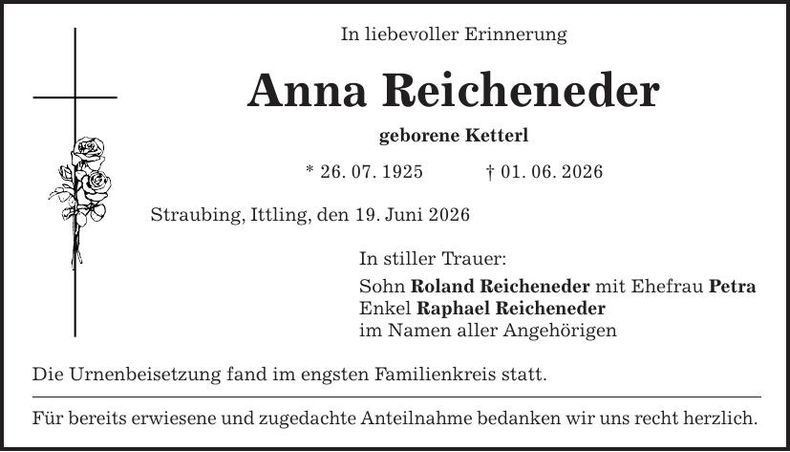 Traueranzeige Anna Reicheneder