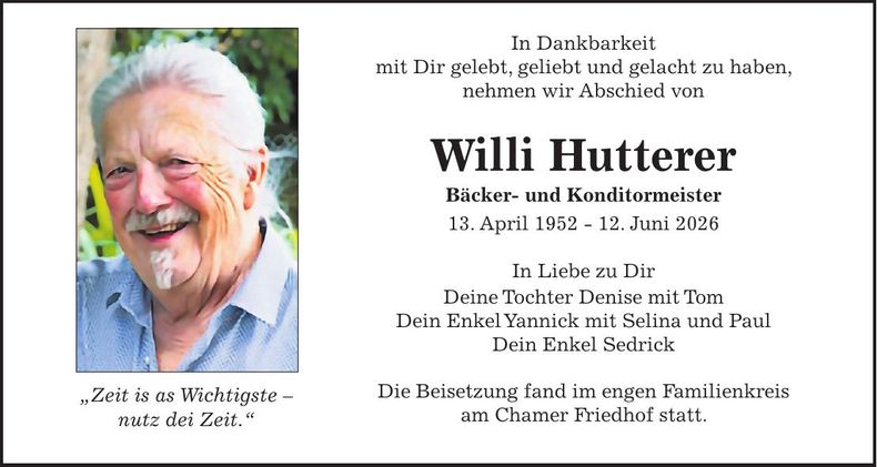 Traueranzeige Willi Hutterer