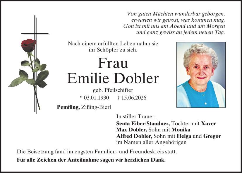 Traueranzeige Emilie Dobler