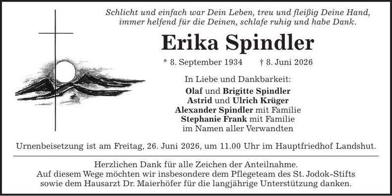 Traueranzeige Erika Spindler