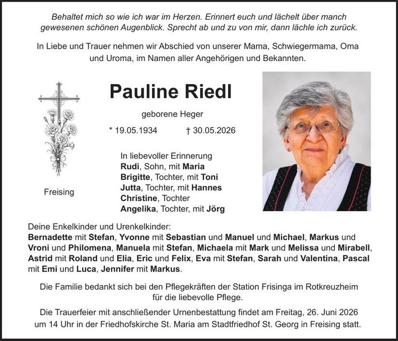 Traueranzeige Pauline Riedl