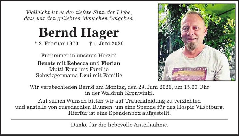 Traueranzeige Bernd Hager