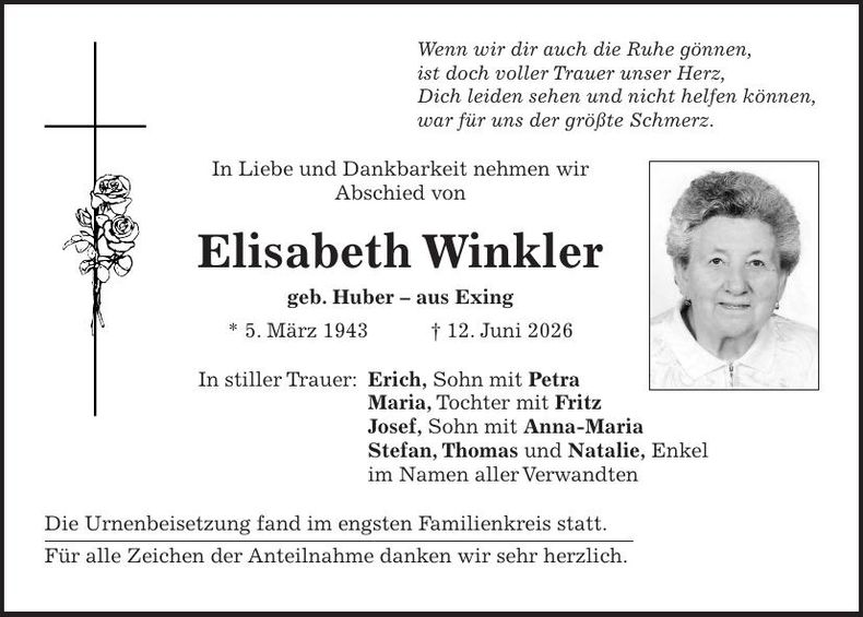 Traueranzeige Elisabeth Winkler