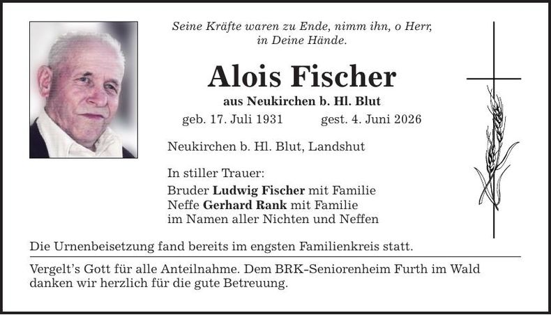 Traueranzeige Alois Fischer