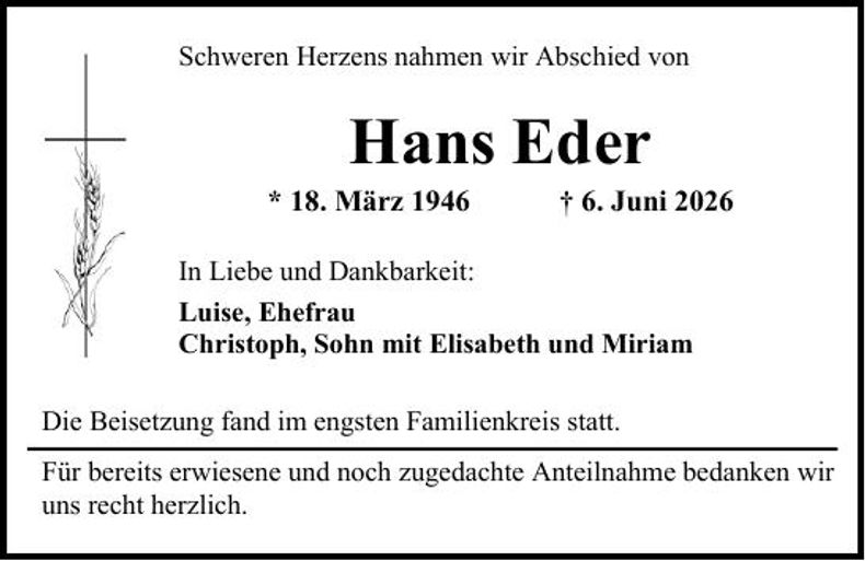 Traueranzeige Hans Eder