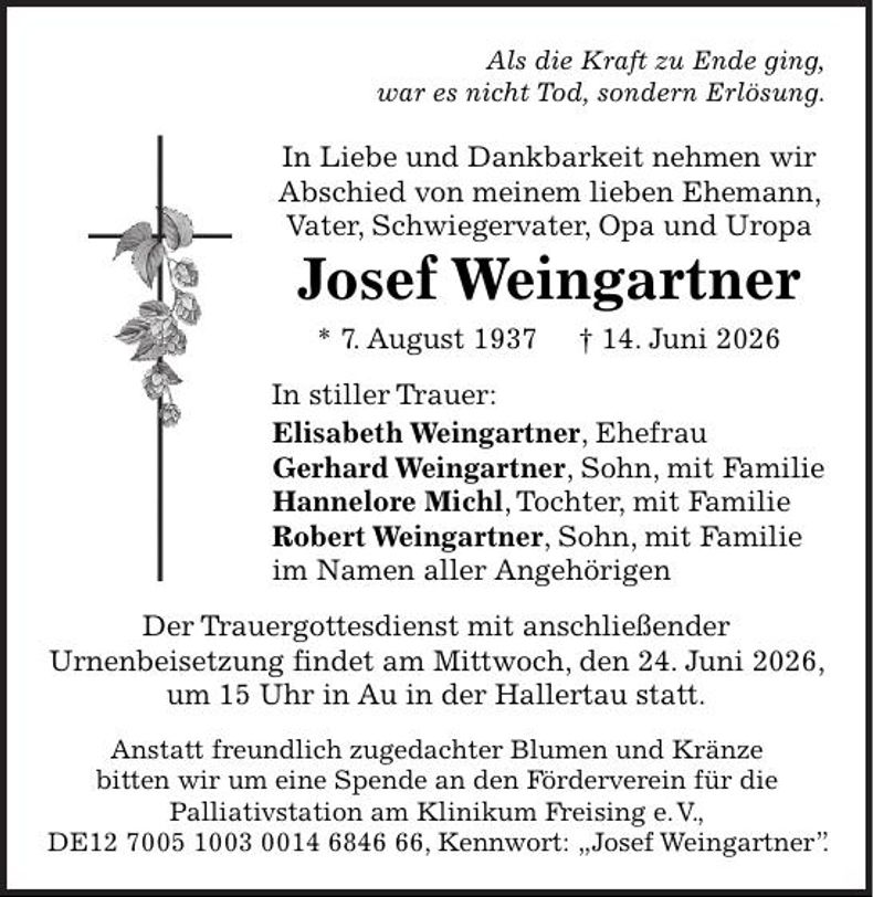Traueranzeige Josef Weingartner