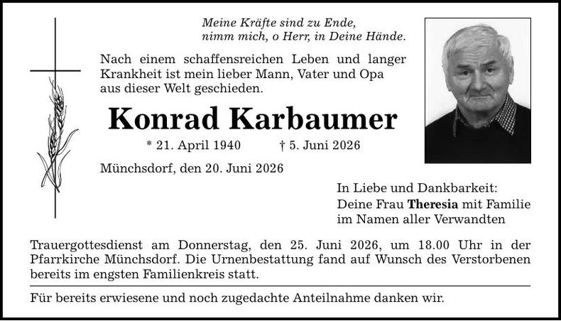 Traueranzeige Konrad Karbaumer