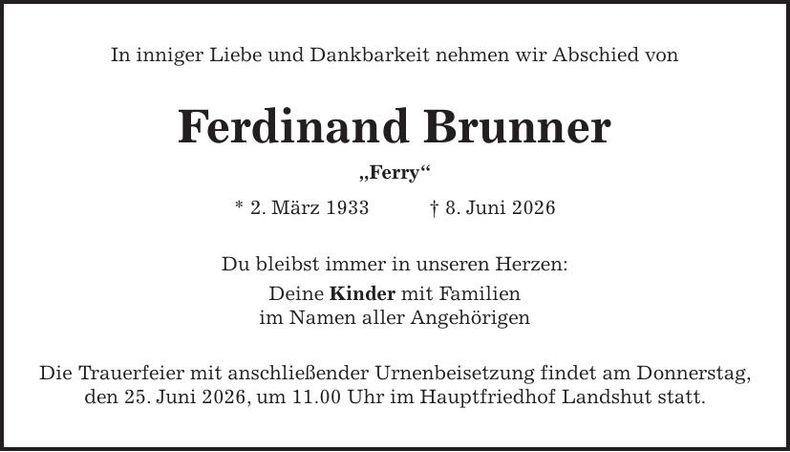 Traueranzeige Ferdinand Brunner