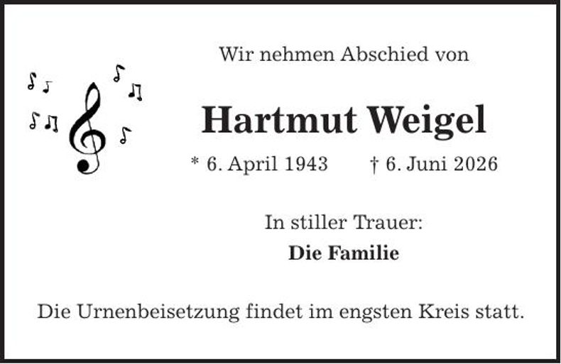Traueranzeige Hartmut Weigel