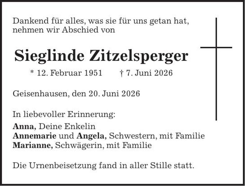 Traueranzeige Sieglinde Zitzelsperger