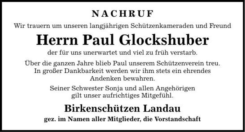 Traueranzeige Paul  Glockshuber