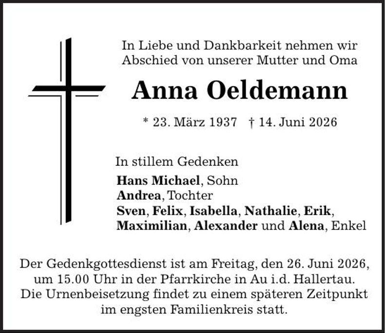 Traueranzeige Anna Oeldemann
