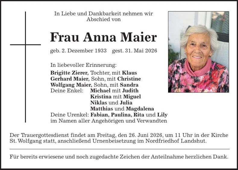 Traueranzeige Anna Maier