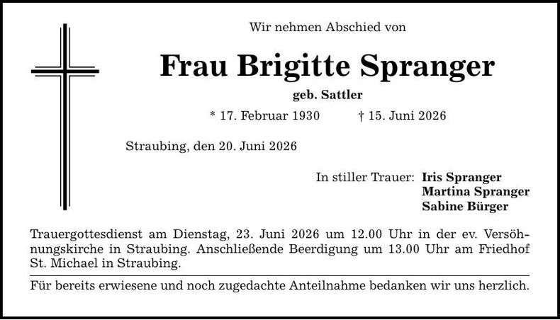 Traueranzeige Brigitte Spranger