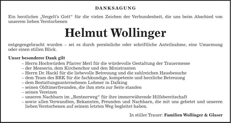 Traueranzeige Helmut Wollinger
