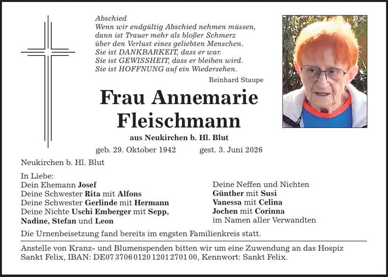 Traueranzeige Annemarie Fleischmann