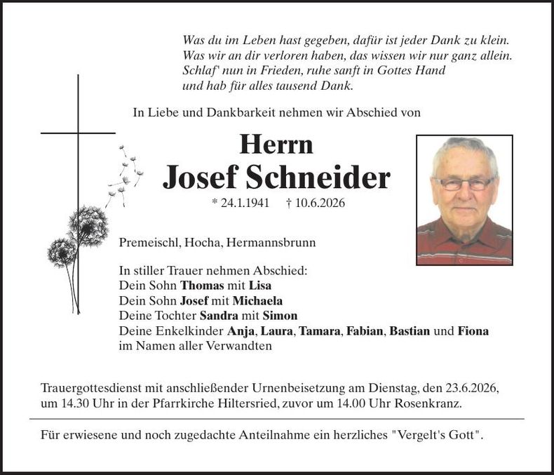 Traueranzeige Josef Schneider
