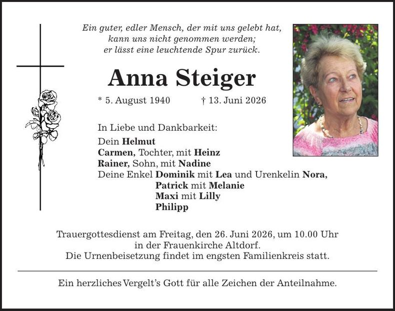 Traueranzeige Anna Steiger