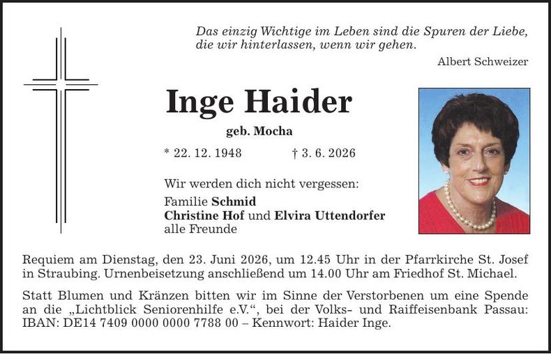 Traueranzeige Inge Haider