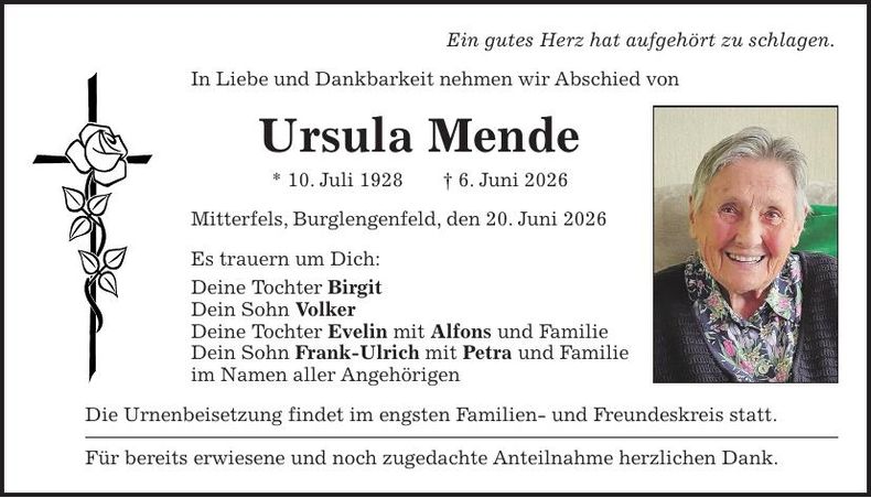 Traueranzeige Ursula Mende