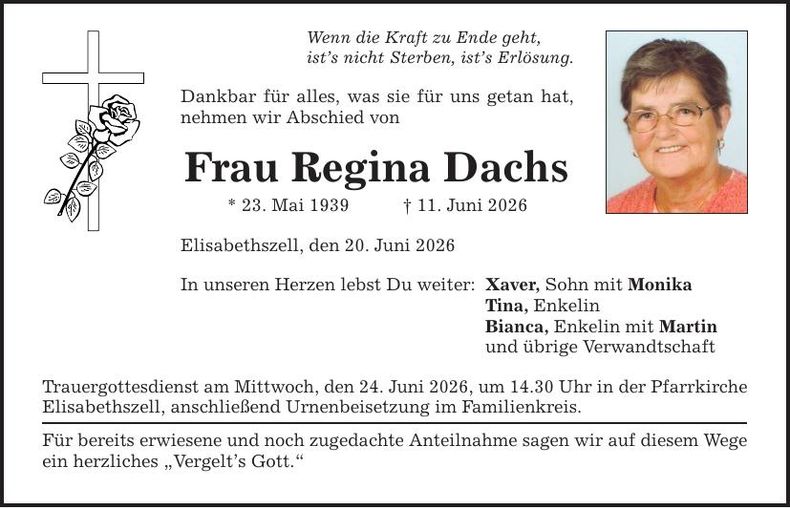 Traueranzeige Dachs Regina