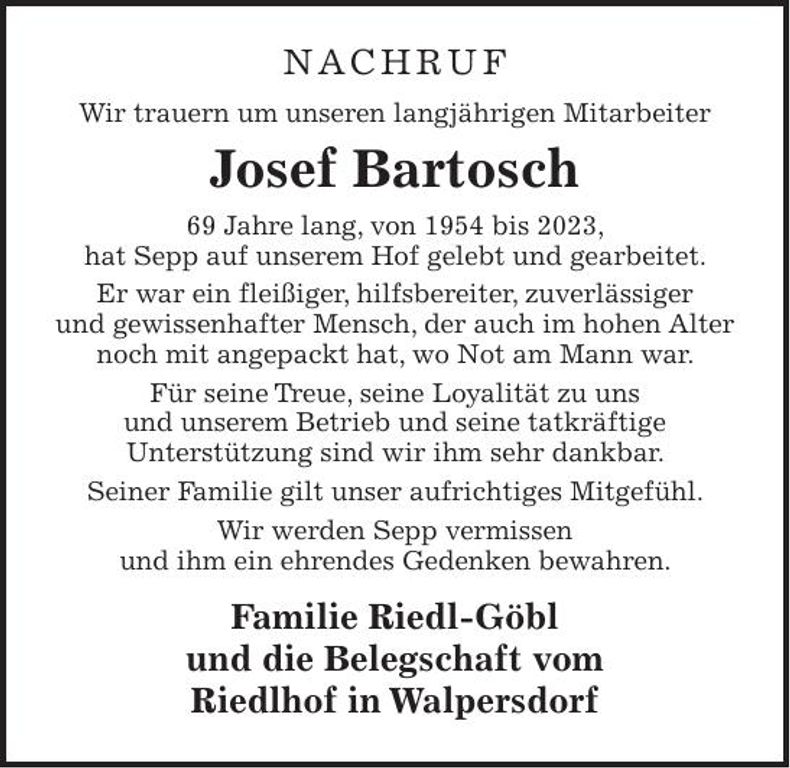 Traueranzeige Josef Bartosch