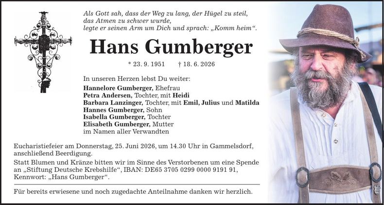 Traueranzeige Hans Gumberger