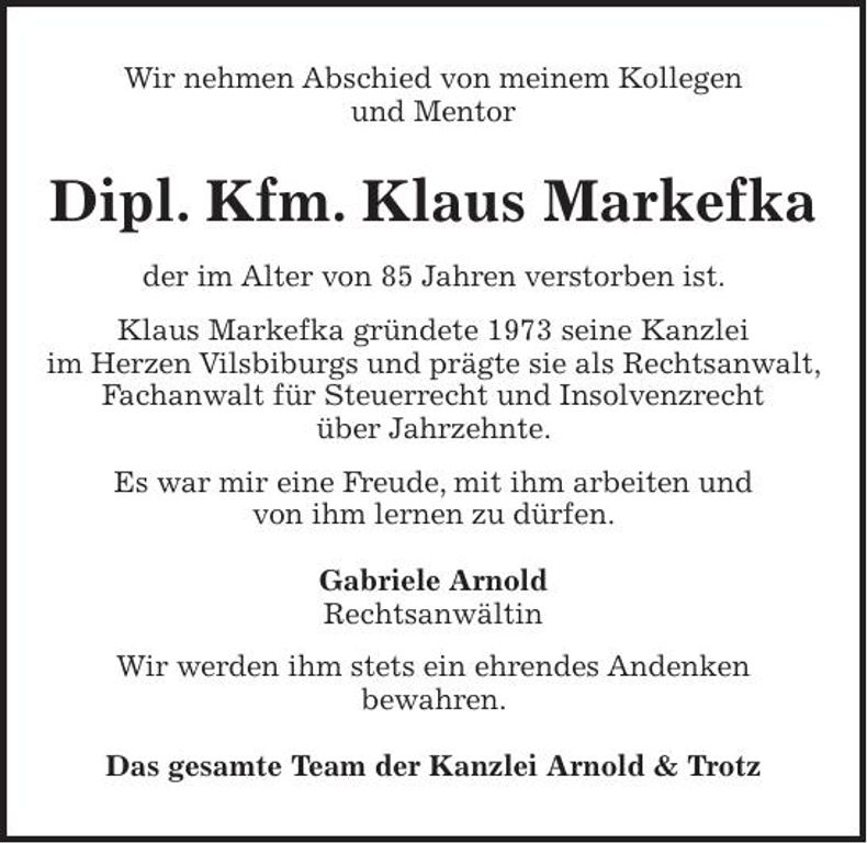 Traueranzeige Klaus Markefka